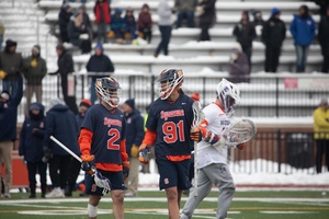 SU's Trey Deere (right) and Christian Mulé share a moment during Syracuse's 13-7 victory over Hobart on Saturday. This was Deere's first start of the 2024 campaign. 